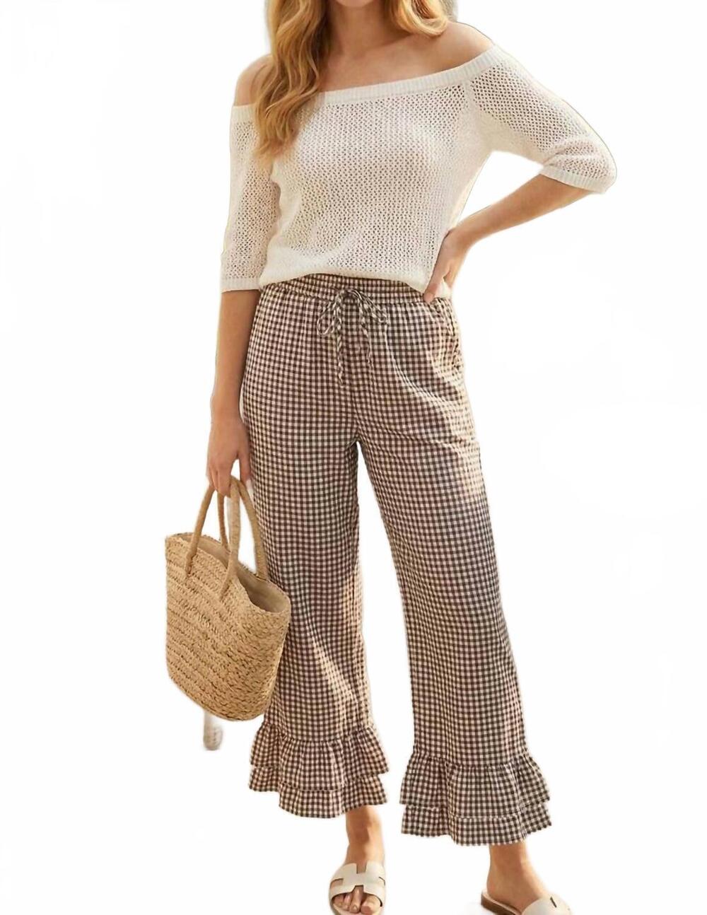 NEW VINE & LOVE gingham casual ruffled hem cropped pants in brown